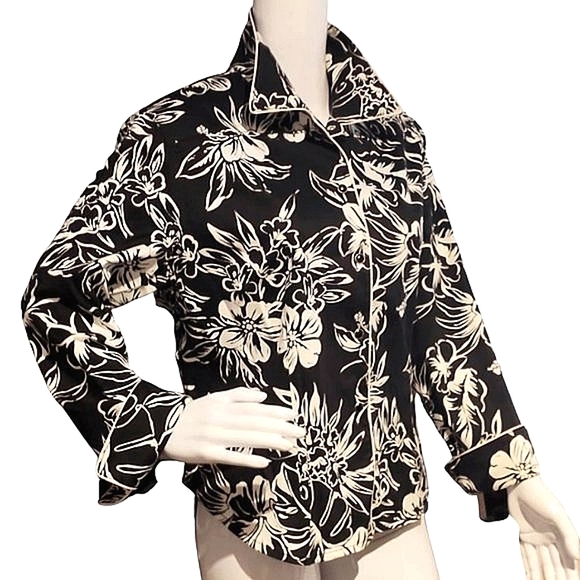 Black White Tropical Print Cotton Shirt Jacket| 14P | Nygard - Picture 4 of 13